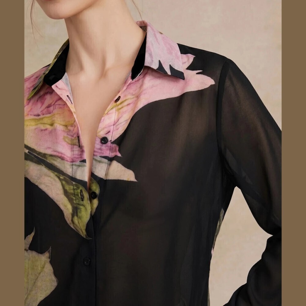 Black Watercolor Floral Print Sheer Chiffon Long Sleeve Button Up Blouse Shirt - Picture 2 of 7